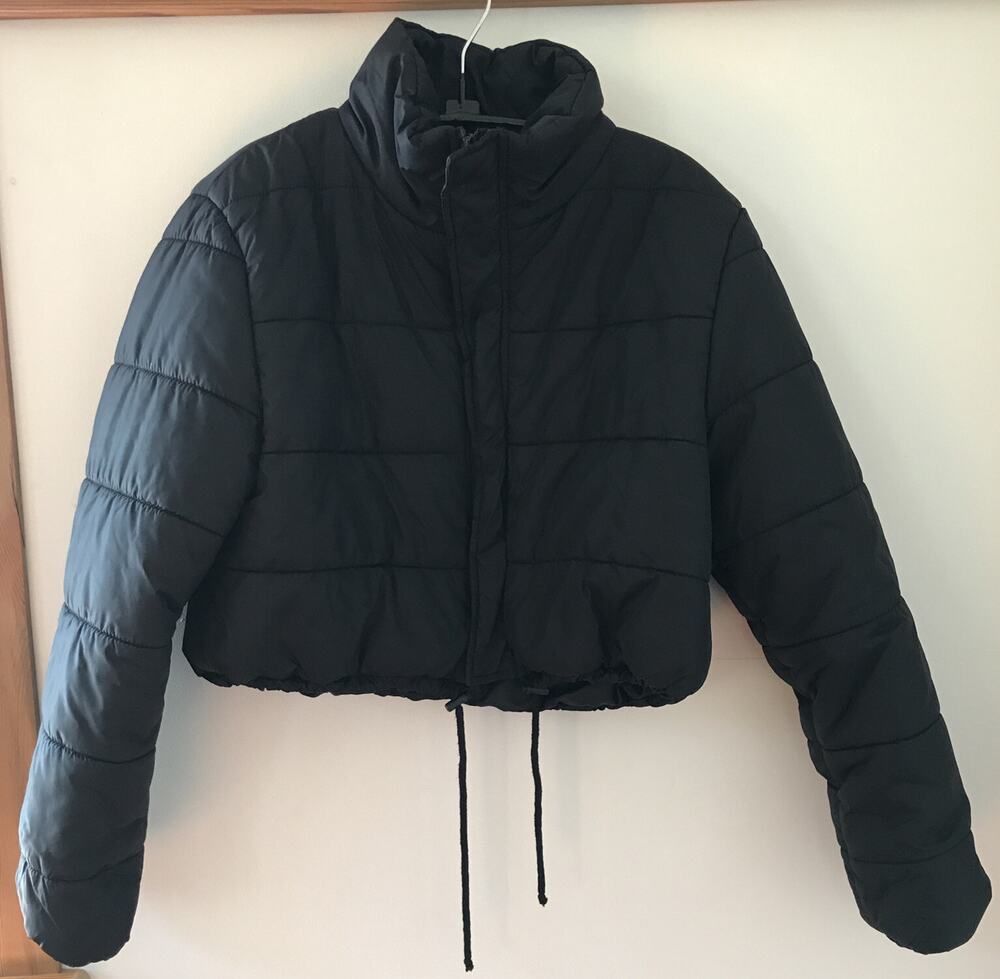 Shein Black Cropped Zip Up Puffer Jacket Coat Large 8/10 Womens 44" Chest